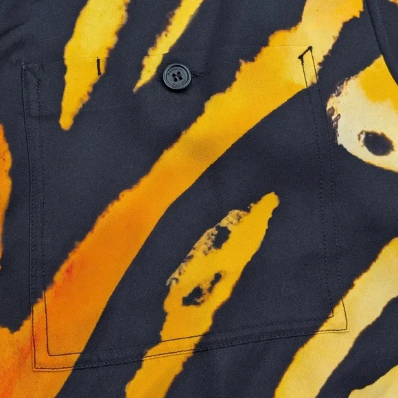 $1250 Mens BURBERRY Tiger Print Silk SS Button Up Shirt Bright Orange Small